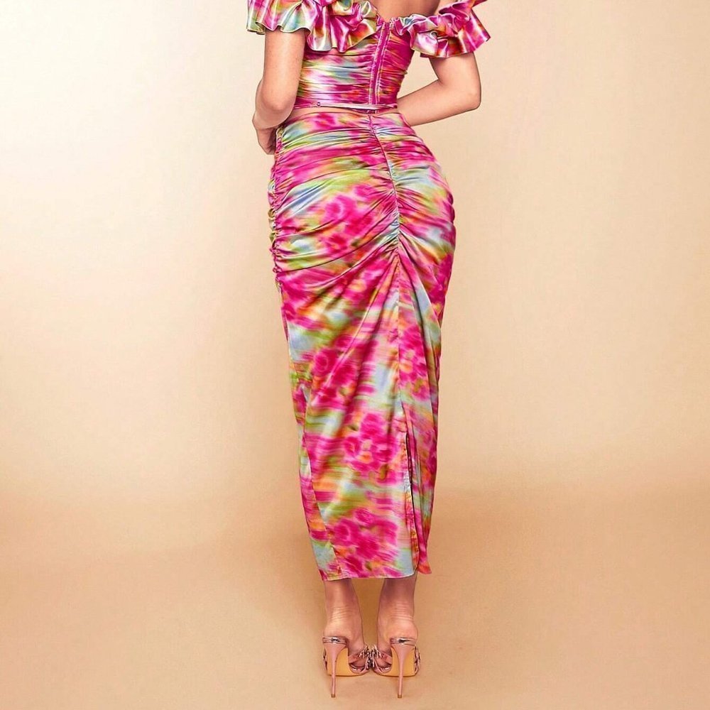 Pink Preppy Womens Tie Dye Print Ruched Bodycon Skirt - Picture 2 of 5